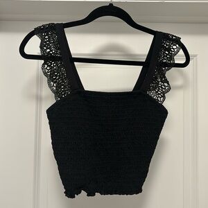 Black Lace Strap Smocked Top